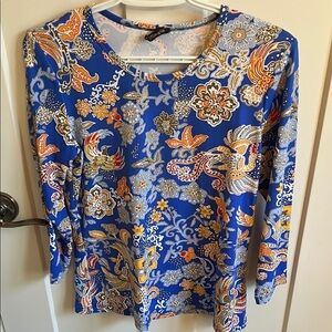J. McLaughlin Blue & Orange Floral Bird Top, size M